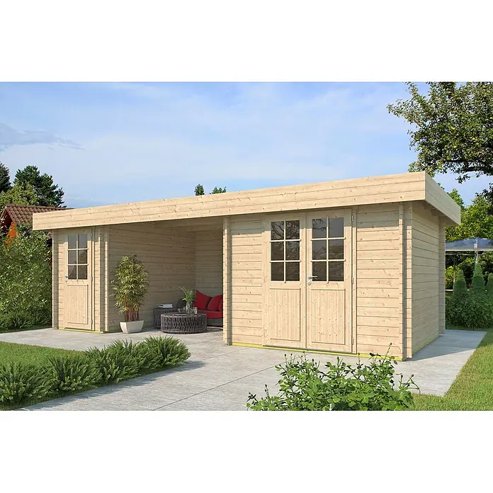 Fjordholz Gartenhaus Vaasa 70 Farbbehandlung Carbongrau - Außenmaß inkl. Dachüberstand (B x T): 757,6 x 328,8 cm, Holz, Naturbelassen - Helles Holz-Gartenhaus mit Flachdach, geschlossenem Schuppen und offener überdachter Lounge.