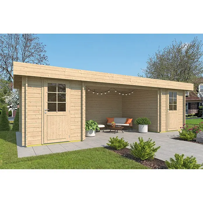 Fjordholz Gartenhaus Gorbea 70 Farblose Imprägnierung - Außenmaß inkl. Dachüberstand (B x T): 797,6 x 328,8 cm, Holz, Naturbelassen - Gartenhaus aus hellem Holz mit überdachtem Terrassenbereich, möbliert zur Entspannung im Freien.
