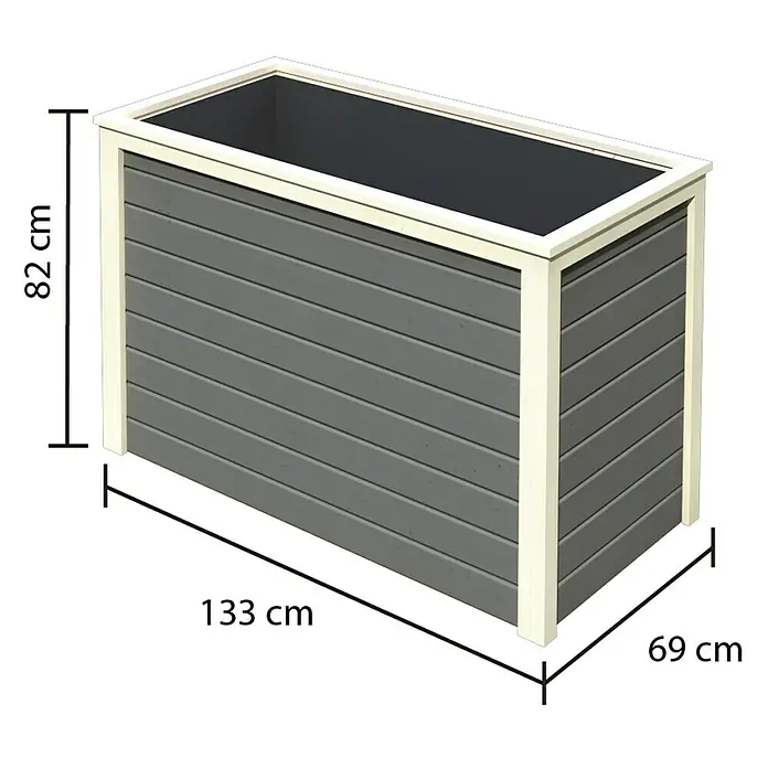 Karibu Hochbeet - 133 x 69 x 82 cm, Holz, Grau - Produktbild eines rechteckigen, grauen Pflanzkastens mit hellen Holzumrandungen und den Maßen 82x133x69 cm.
