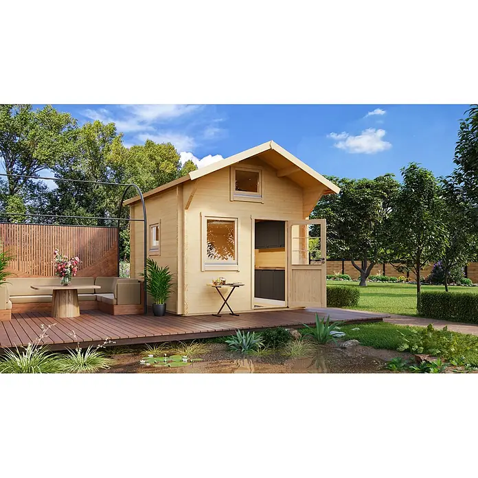 Fjordholz Gartenhaus Sönke 70 A Farblose Imprägnierung - Außenmaß inkl. Dachüberstand (B x T): 328 x 428 cm, Holz, Naturbelassen - Helles Gartenhaus aus Holz mit Dachfenster und angebauter Terrasse mit Sitzgelegenheiten im Grünen.