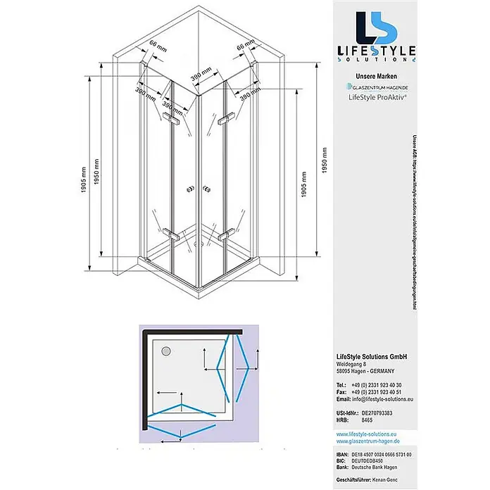 Glaszentrum Hagen Eckdusche 90x90x195 cm Hera Eck Duschkabine inkl. Tasse - 90 x 90 x 195 cm, Imprägniert, Farblos, Stärke: 8 mm - Technische Zeichnung einer Glas-Eckduschkabine mit detaillierten Maßen, einschließlich Höhen von 1905mm und 1950mm.