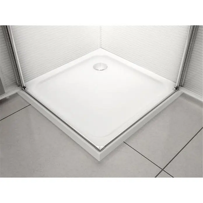 Glaszentrum Hagen Eckdusche 100x90x195 cm Hera Eck Duschkabine - 90 x 100 x 195 cm, Imprägniert, Farblos, Stärke: 8 mm - Weißes, quadratisches Duschbecken mit zentralem Metallablauf in einer Eckduschkabine auf Fliesenboden.