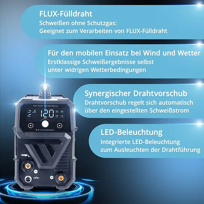 STAHLWERK Fülldrahtschweißgerät Schweißgerät Mini FLUX 120 ST Digital Fülldraht MMA/ARC LIFT TIG - Schweißstrom: 120 A, 230 V - Kompaktes, dunkelgraues digitales Fülldraht-Schweißgerät mit hellem Display, das '120' anzeigt.