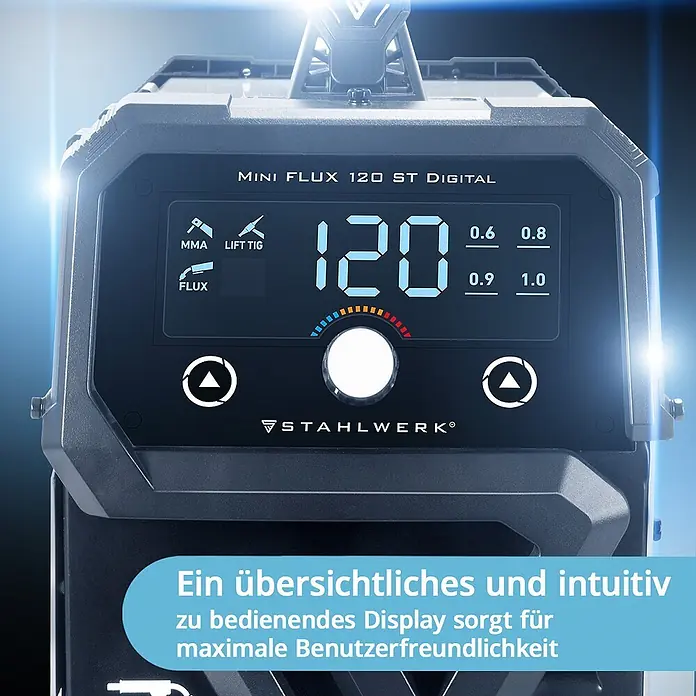STAHLWERK Fülldrahtschweißgerät Schweißgerät Mini FLUX 120 ST Digital Fülldraht MMA/ARC LIFT TIG - Schweißstrom: 120 A, 230 V - Klares, intuitives Digitaldisplay eines Stahlwerk Mini Flux 120 ST Schweißgeräts, zeigt MMA-, Lift TIG-, Flux-Modi, Stromstärke '120' und Drahtdurchmesser zur präzisen Steuerung.