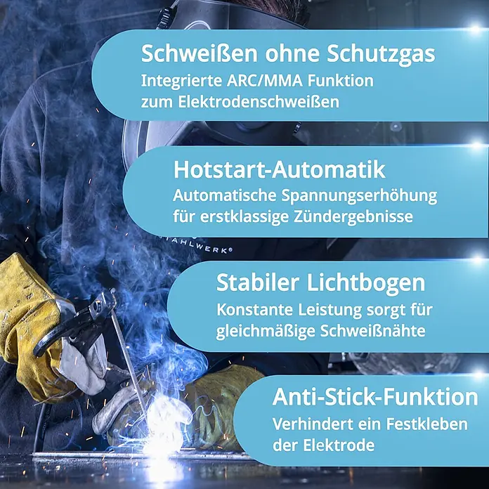 STAHLWERK WIG-Schweißgerät Schweißgerät DC WIG 200 ST IGBT Vollausstattung -  - Schweißer bei der Arbeit, zeigt Merkmale wie Schweißen ohne Schutzgas, Hotstart, stabilen Lichtbogen und Anti-Stick-Funktion.