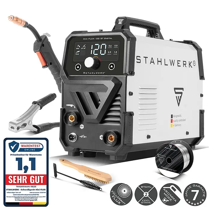 STAHLWERK Fülldrahtschweißgerät Schweißgerät Mini FLUX 120 ST Digital Fülldraht MMA/ARC LIFT TIG - Schweißstrom: 120 A, 230 V - Weiß-schwarzes STAHLWERK MINI FLUX 120 ST DIGITAL Fülldraht-Schweißgerät mit Brenner, Masseklemme und Zubehör.