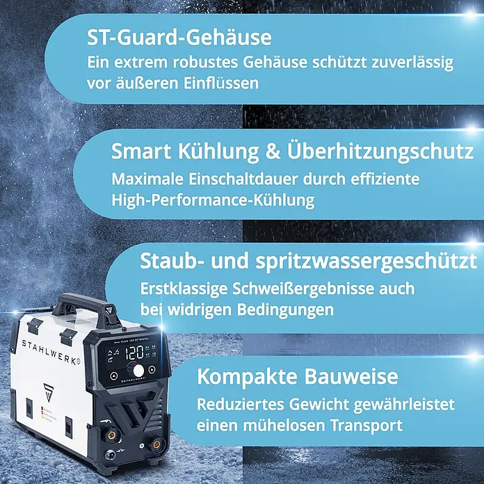STAHLWERK Fülldrahtschweißgerät Schweißgerät Mini FLUX 120 ST Digital Fülldraht MMA/ARC LIFT TIG - Schweißstrom: 120 A, 230 V - Eine weiße und schwarze kompakte Schweißmaschine mit Digitalanzeige, auf nassem, dunklem Hintergrund, betont robustes, staub- und spritzwassergeschütztes Design.