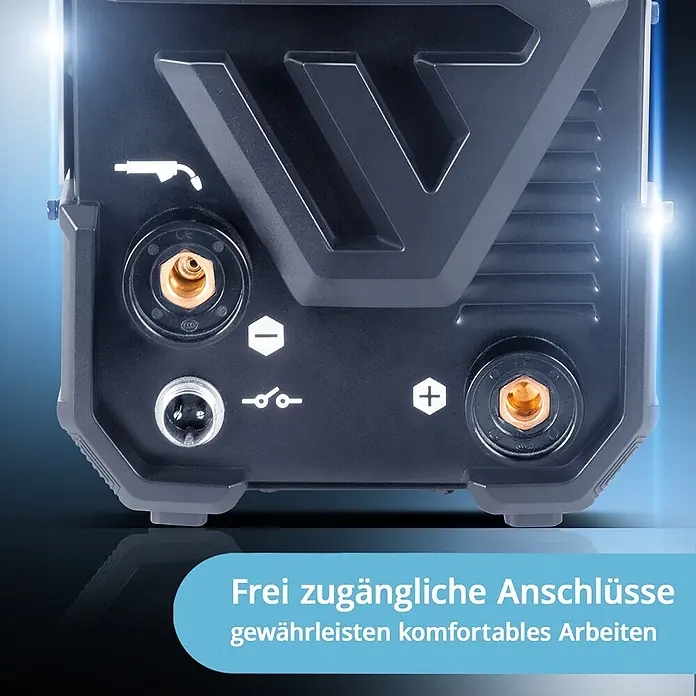 STAHLWERK Fülldrahtschweißgerät Schweißgerät Mini FLUX 120 ST Digital Fülldraht MMA/ARC LIFT TIG - Schweißstrom: 120 A, 230 V - Dunkelgrauer Schweißinverter mit leicht zugänglichen, messingfarbenen +/- Anschlüssen und weiteren Steckverbindungen an der Frontplatte.