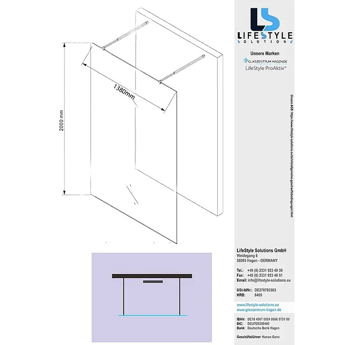 Glaszentrum Hagen Duschwand Glaszentrum Hagen Eva 138x200 cm 10mm Duschwand Satin-M - Eloxiert, Weiß - Technische Zeichnung einer Klarglas-Duschabtrennung mit Wandhalterungen, 2000mm hoch und 1380mm breit.