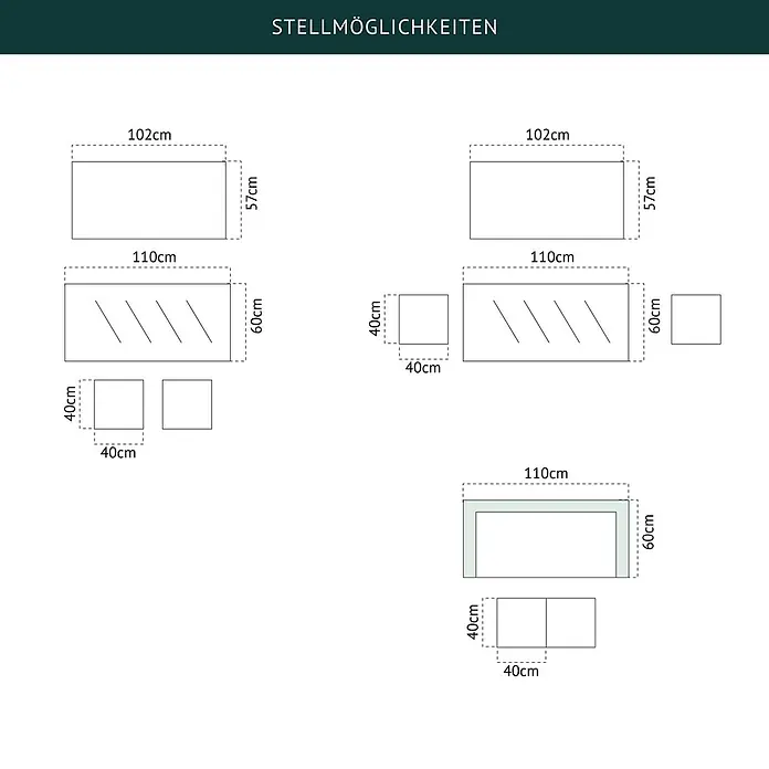 SVITA Loungemöbel-Set ATHINA - Polyrattan, Grau - Diagramm modularer Sitzmöbel mit verschiedenen Anordnungen und Abmessungen: 102x57cm, 110x60cm und 40x40cm Quadrate.