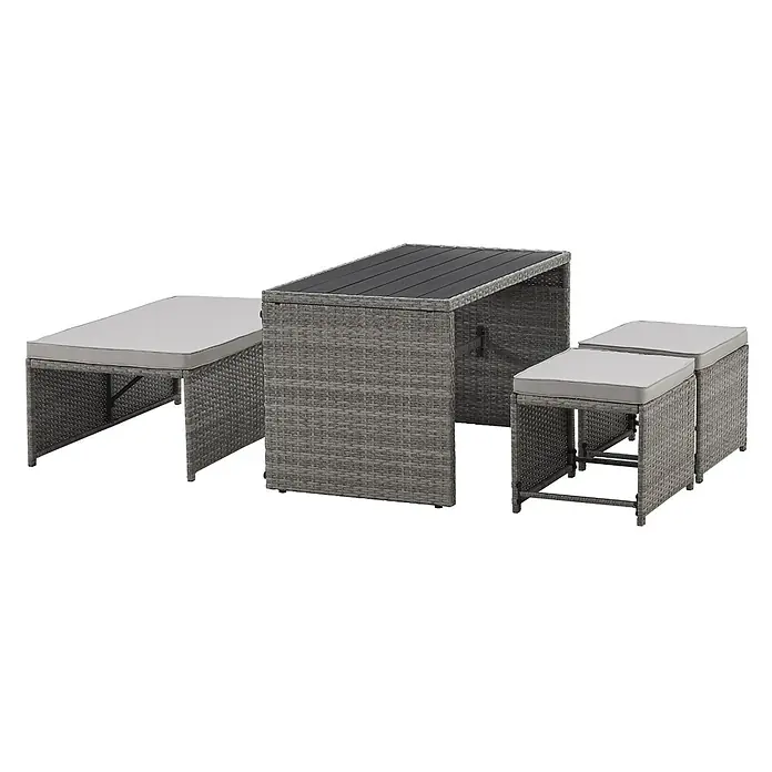 SVITA Loungemöbel-Set ATHINA - Polyrattan, Grau - Graues Rattan-Garteness-Set mit kompakter, verschachtelbarer Ausführung, bestehend aus einem rechteckigen Tisch, einer Bank und zwei Hockern mit hellen Polstern.