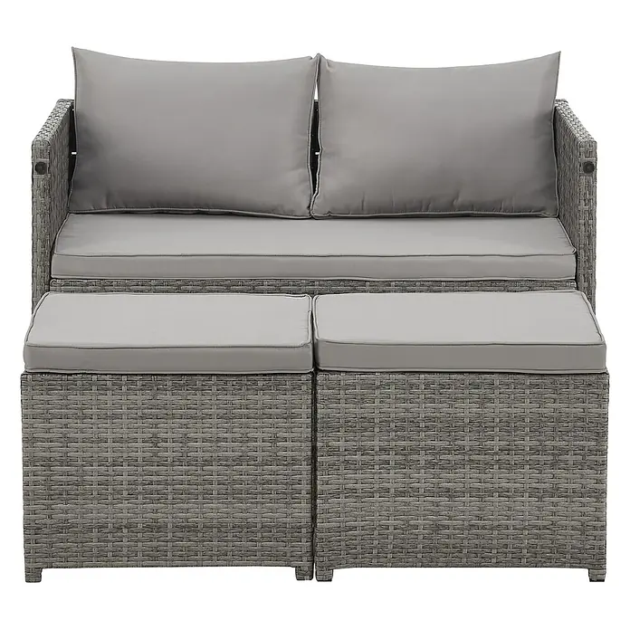 SVITA Loungemöbel-Set ATHINA - Polyrattan, Grau - Graues Rattan-Gartensofa mit zwei Ottomanen und passenden grauen Kissen, ideal für den Außenbereich.