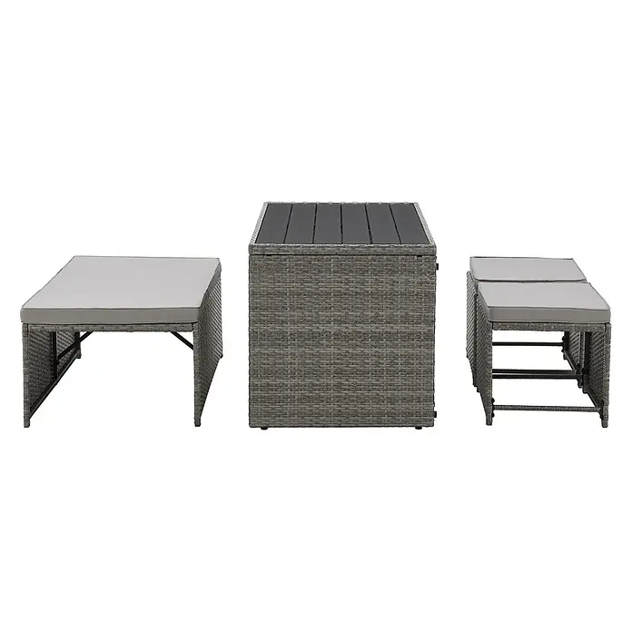 SVITA Loungemöbel-Set ATHINA - Polyrattan, Grau - Graues Rattan-Gartenmöbelset mit rechteckigem Tisch, Bänken und Hockern mit hellgrauen Kissen, kompakt verstaubar.