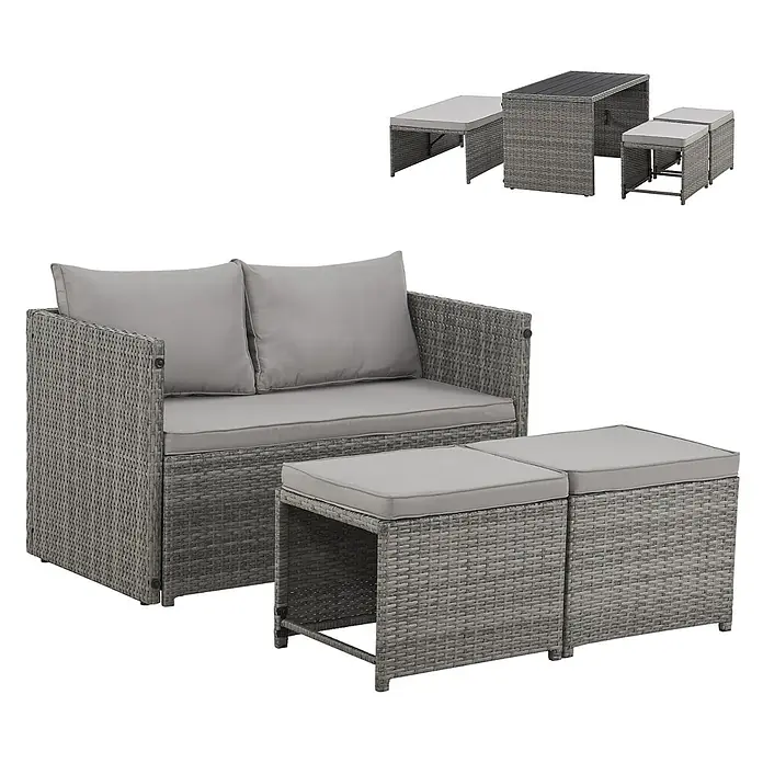 SVITA Loungemöbel-Set ATHINA - Polyrattan, Grau - Grau geflochtenes Outdoor-Sofa mit passenden Ottomanen und Kissen. Für kompakte Lagerung konzipiert.