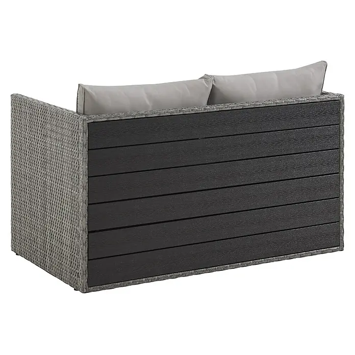 SVITA Loungemöbel-Set ATHINA - Polyrattan, Grau - Outdoor-Modulsofaelement mit grauem Geflecht und dunklen Lattenpaneelen, mit hellen Kissen.