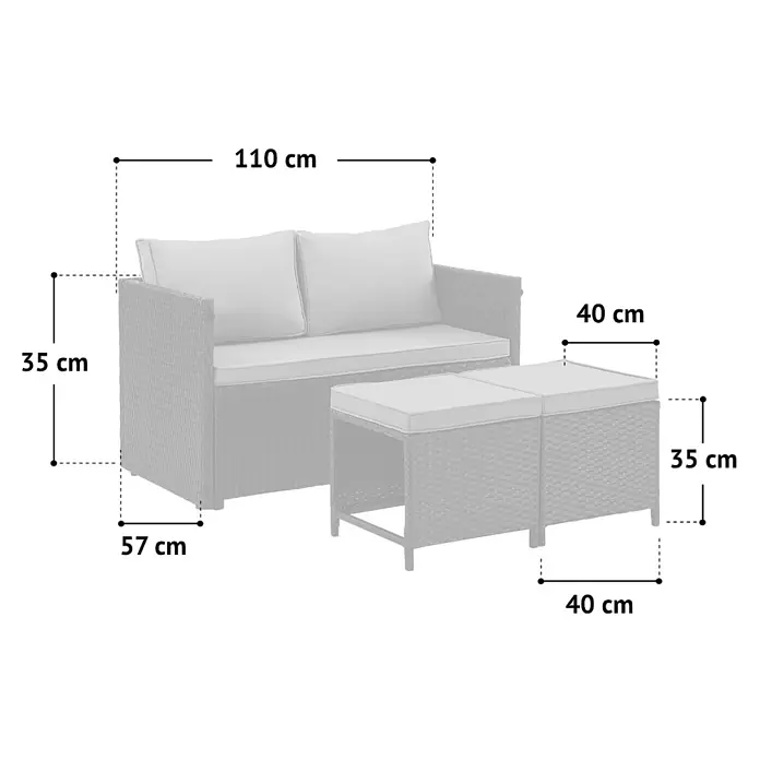 SVITA Loungemöbel-Set ATHINA - Polyrattan, Grau - Graues Polyrattan Outdoor-Sofa-Set mit weißen Kissen, bestehend aus einem Zweisitzer und zwei Hockern, Maße angegeben.