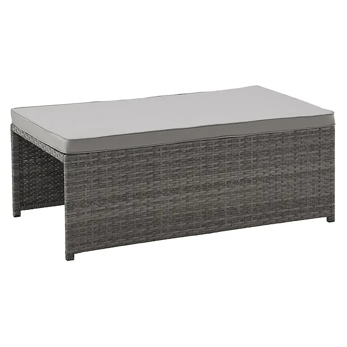 SVITA Loungemöbel-Set ATHINA - Polyrattan, Grau - Grauer Outdoor-Hocker aus Rattan mit hellgrauem Kissen.