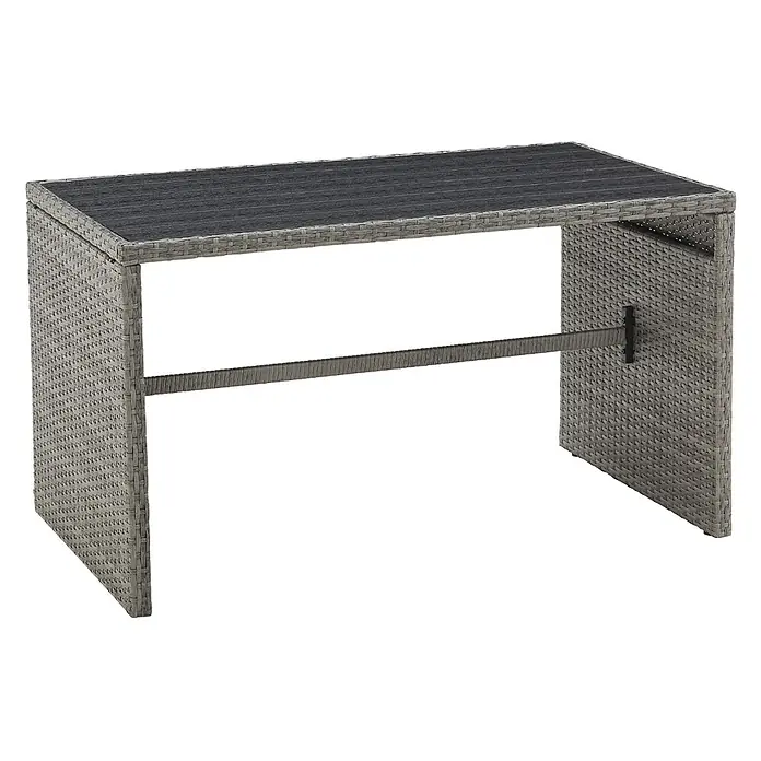 SVITA Loungemöbel-Set ATHINA - Polyrattan, Grau - Rechteckiger grauer Rattan-Bartisch für den Außenbereich mit dunkelgrauer Lattenplatte und zentraler Fußstütze.