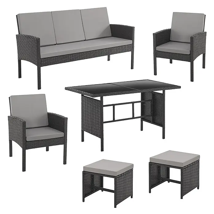 SVITA Gartenmöbel-Set DENVER - 6 -tlg., Polyrattan - Gartenmöbel-Set aus grauem Polyrattan mit Dreiersofa, zwei Sesseln, einem Tisch mit Glasplatte und zwei Hockern.