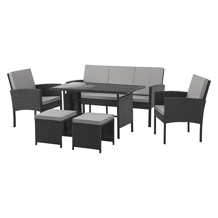 SVITA Gartenmöbel-Set DENVER - 6 -tlg., Polyrattan - Schwarz geflochtene Rattan-Gartensitzgruppe mit Glastisch, Sofa, 2 Sesseln und 2 Hockern mit hellgrauen Kissen.
