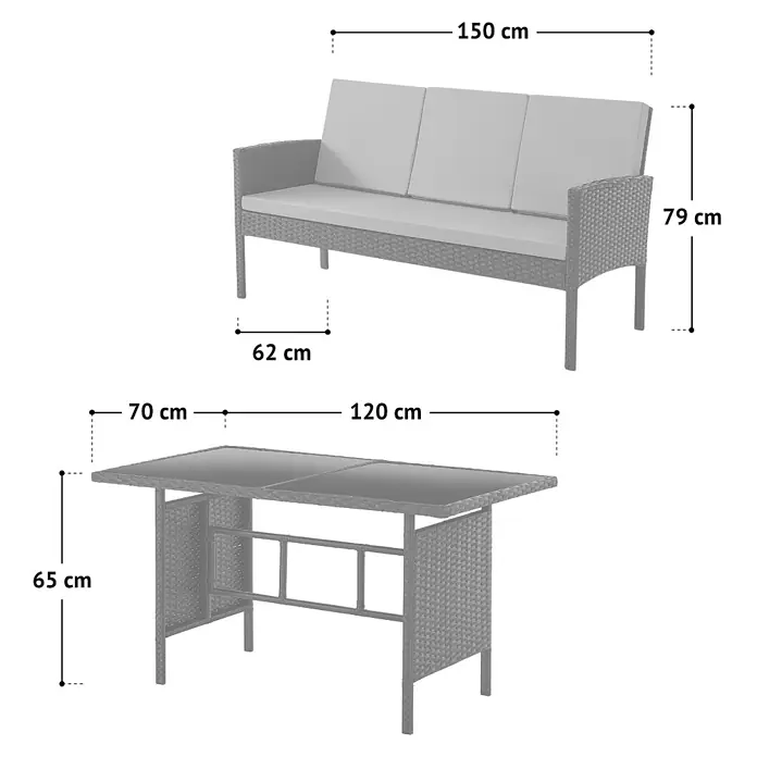 SVITA Loungemöbel-Set DENVER - Polyrattan, Grau - Graues Rattan-Gartensofa mit Kissen und passendem Tisch mit Glasplatte, Maße angezeigt.