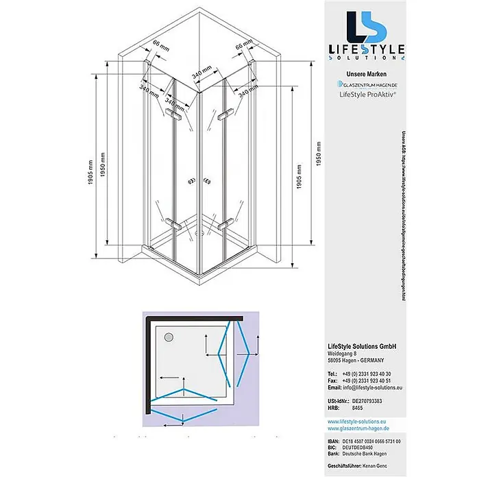 Glaszentrum Hagen Eckdusche 80x80x195 cm Hera Eck Duschkabine - 80 x 80 x 195 cm, Imprägniert, Farblos, Stärke: 8 mm - Eck-Duschkabine mit Faltüren, technische Zeichnung und Maße.