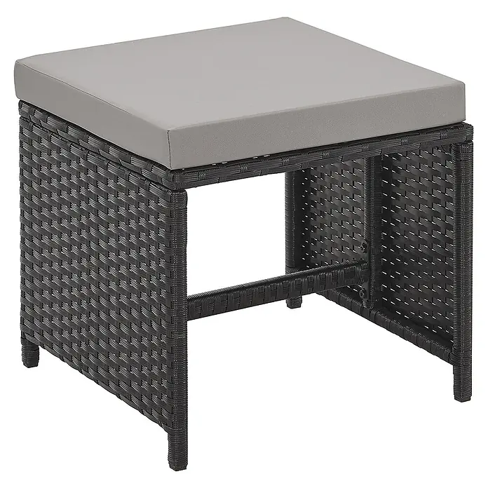 SVITA Gartenmöbel-Set DENVER - 6 -tlg., Polyrattan - Dunkelgrauer geflochtener Outdoor-Hocker mit hellgrauem Kissen.