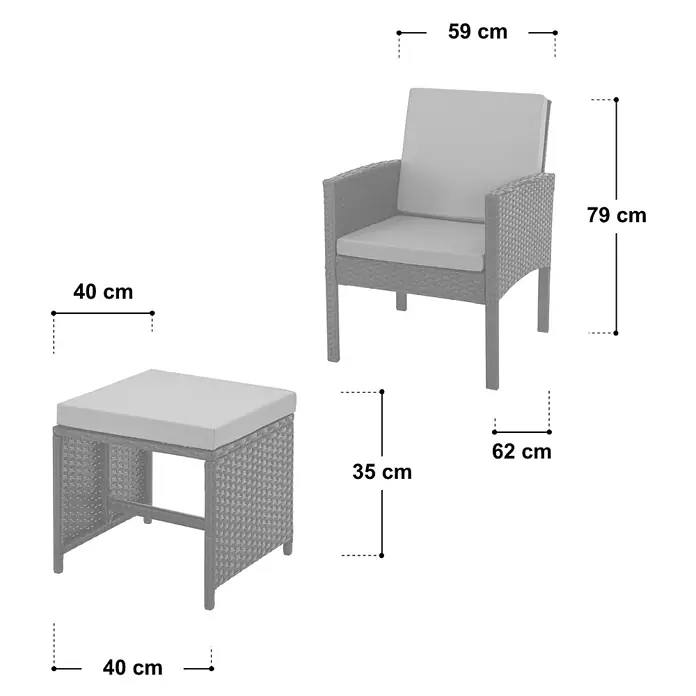 SVITA Loungemöbel-Set DENVER - Polyrattan, Grau - Grauer Rattansessel und passender Hocker mit hellen Kissen, Maße angegeben.