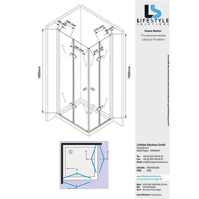 Glaszentrum Hagen Eckdusche 90x75x180 cm Hera Eck Duschkabine - Imprägniert, Farblos, Stärke: 8 mm - Technische Zeichnung einer Eck-Duschkabine mit Falttüren aus Glas, 1800mm hoch, mit Maßen.