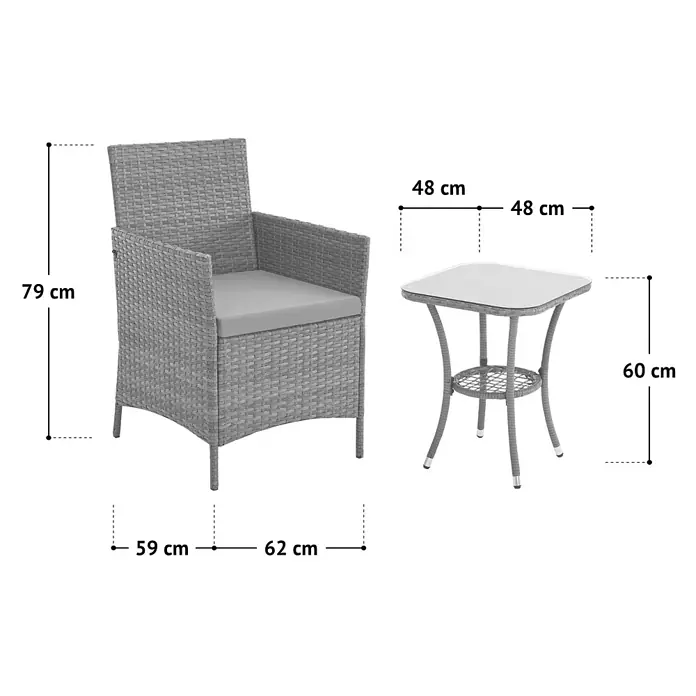 SVITA Loungemöbel-Set - 3 -tlg., Polyrattan, Grau - Grauer Rattan-Gartensessel mit Kissen und quadratischer Tisch mit Glasplatte.