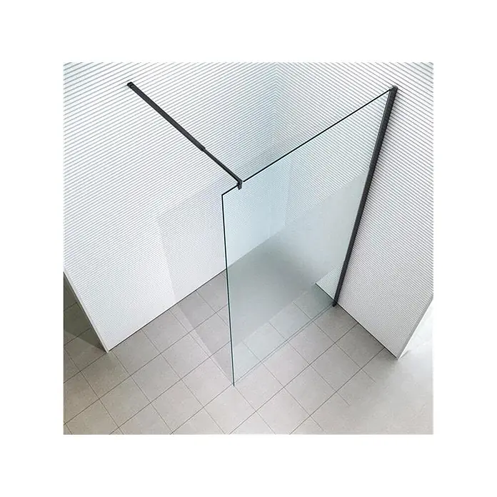 Glaszentrum Hagen Duschwand 120x200 cm EVA-BK Walk in Duschwand Satin-M - B x H: 120 x 200 cm, Eloxiert, Weiß - Eine moderne Glasduschwand mit eleganten schwarzen Profilen, in einer Badezimmerecke installiert.