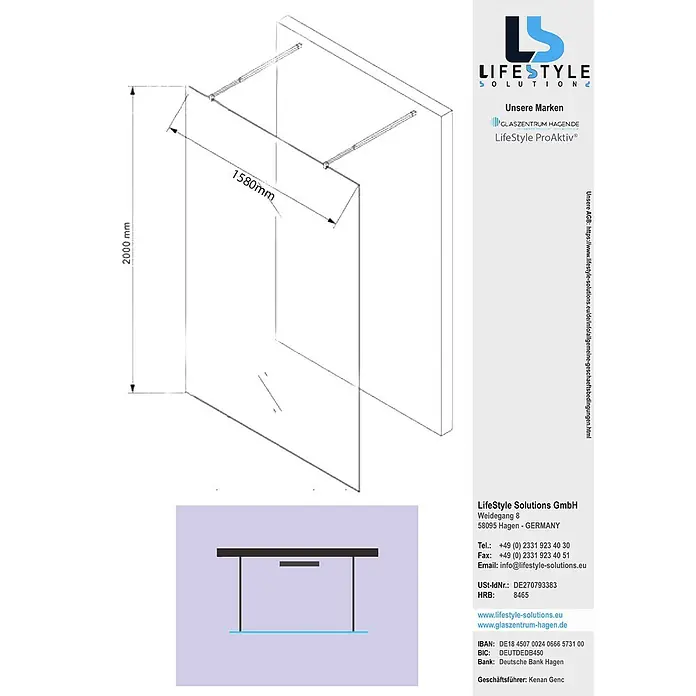 Glaszentrum Hagen Duschwand Glaszentrum Hagen LoLa 158x200 cm Walk in Duschwand Satin - Eloxiert, Weiß - Technische Zeichnung einer Glas-Walk-In-Duschwand mit Deckenstützen, Maße 2000mm (Höhe), 1580mm (Breite).