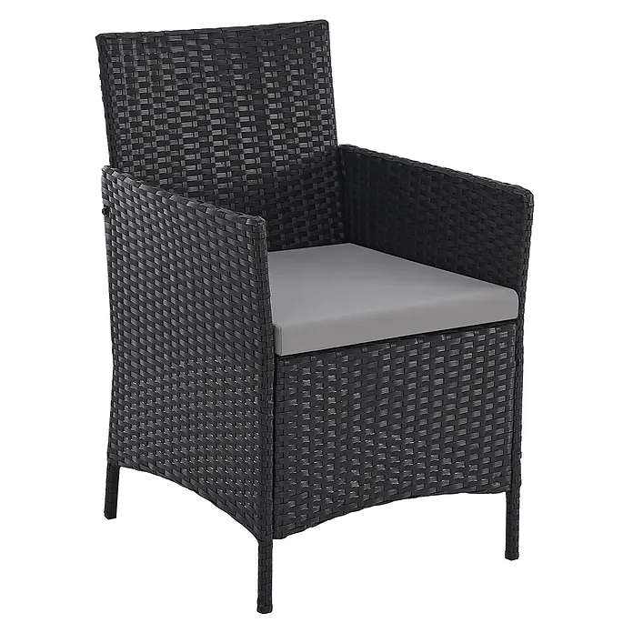 SVITA Loungemöbel-Set BROOKLYN BISTRO - Polyrattan, Schwarz - Dunkelgrauer Polyrattan-Gartensessel mit hellgrauem Kissen.