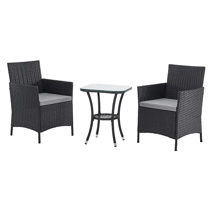 SVITA Loungemöbel-Set BROOKLYN BISTRO - Polyrattan, Schwarz - Schwarzes Rattan-Bistro-Set mit zwei Stühlen mit grauen Kissen und kleinem Glastisch.