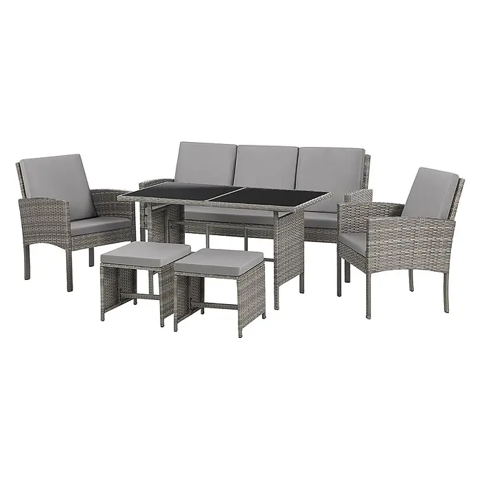 SVITA Loungemöbel-Set DENVER - Polyrattan, Grau - Graues Rattan-Gartenmöbelset mit Sofa, zwei Stühlen, einem Tisch mit schwarzer Glasplatte und zwei Hockern mit grauen Kissen.