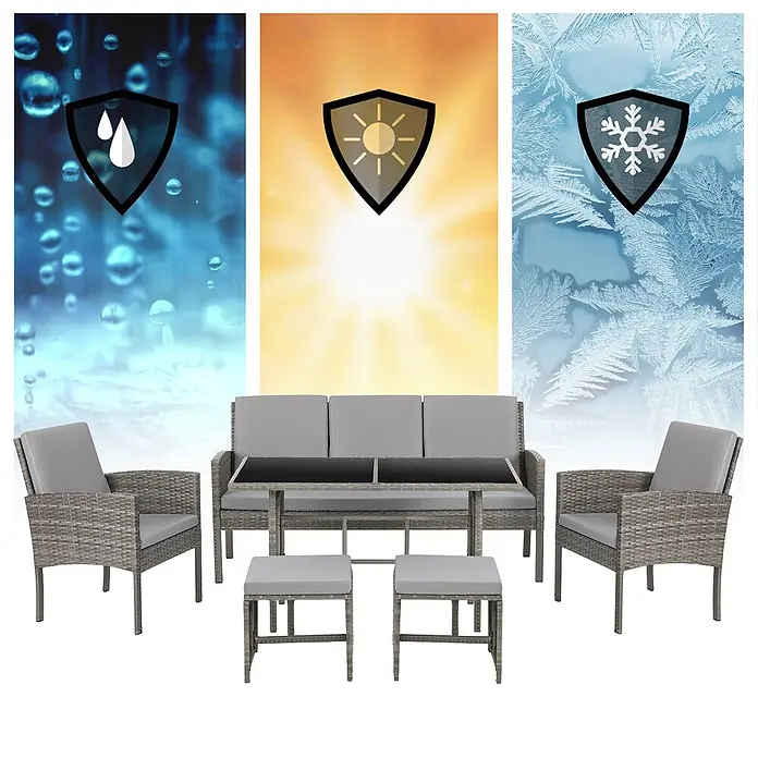 SVITA Loungemöbel-Set DENVER - Polyrattan, Grau - Graues Rattan-Gartenmöbel-Set mit Sofa, zwei Sesseln, Couchtisch und zwei Hockern, hervorgehoben als wetterfest.