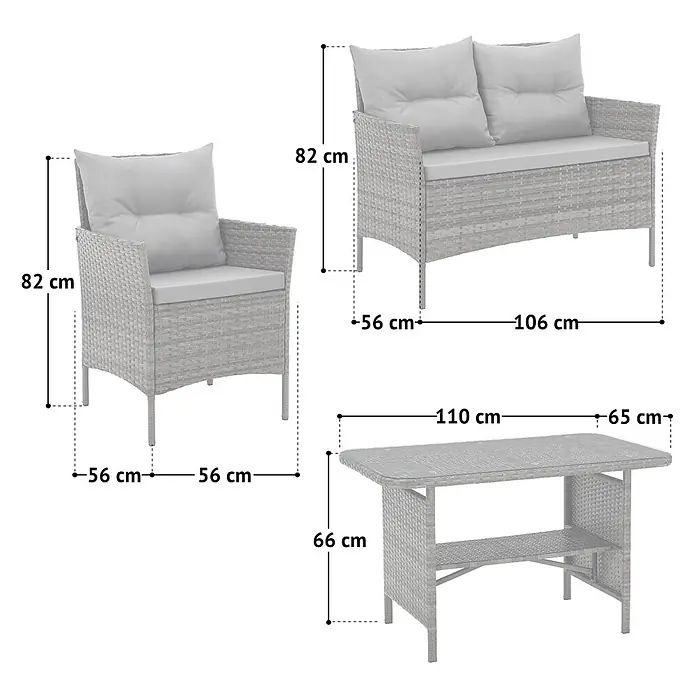 SVITA Loungemöbel-Set DALLAS - 4 -tlg., Polyrattan, Grau - Helles graues Rattan-Gartenmöbelset mit Sessel, Zweisitzer-Sofa und Tisch, alle mit Kissen und Maßen.