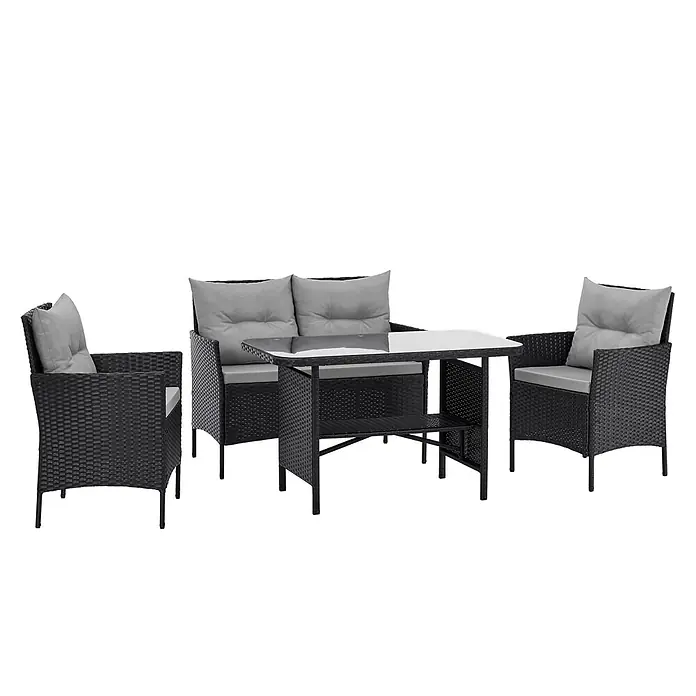SVITA Loungemöbel-Set DALLAS - 4 -tlg., Polyrattan, Schwarz - 4-teiliges dunkelgraues Rattan-Gartenmöbelset mit hellgrauen Kissen und Glastischplatte.