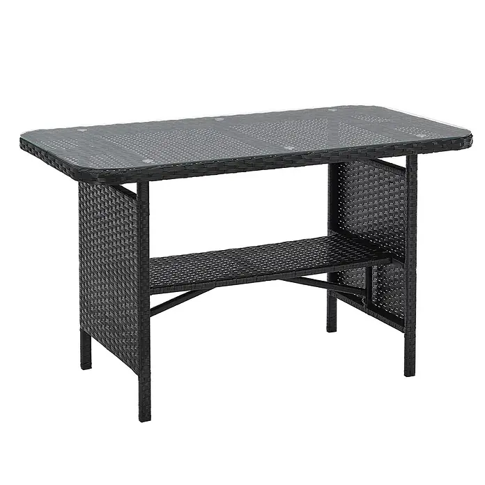 SVITA Loungemöbel-Set DALLAS - 4 -tlg., Polyrattan, Schwarz - Schwarzer Outdoor-Esstisch aus Korbgeflecht mit Glasplatte und unterer Ablage.