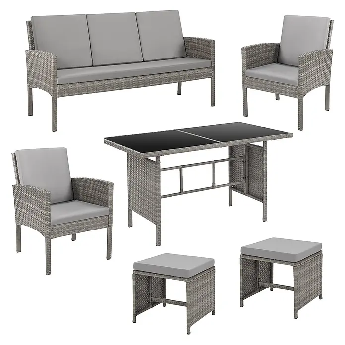 SVITA Loungemöbel-Set DENVER - Polyrattan, Grau - Graues Rattan-Gartenmöbel-Set: 3-Sitzer-Sofa, 2 Sessel, Tisch mit schwarzer Glasplatte, 2 Hocker, alle mit hellgrauen Kissen.