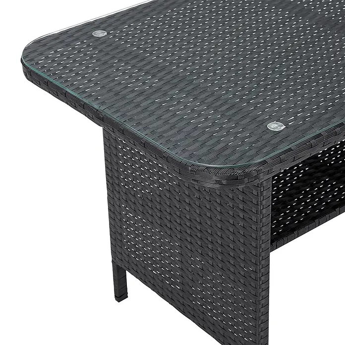 SVITA Loungemöbel-Set DALLAS - 4 -tlg., Polyrattan, Schwarz - Schwarzer Rattan-Couchtisch für den Außenbereich mit Glasplatte und Ablagefach.