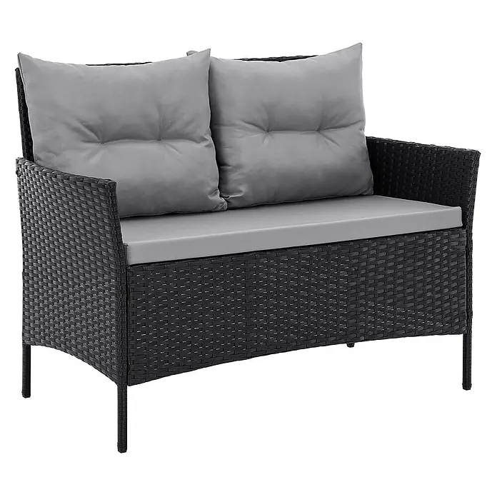 SVITA Loungemöbel-Set DALLAS - 4 -tlg., Polyrattan, Schwarz - Zweisitzige schwarze Rattan-Gartenbank mit grauen Sitz- und Rückenkissen.