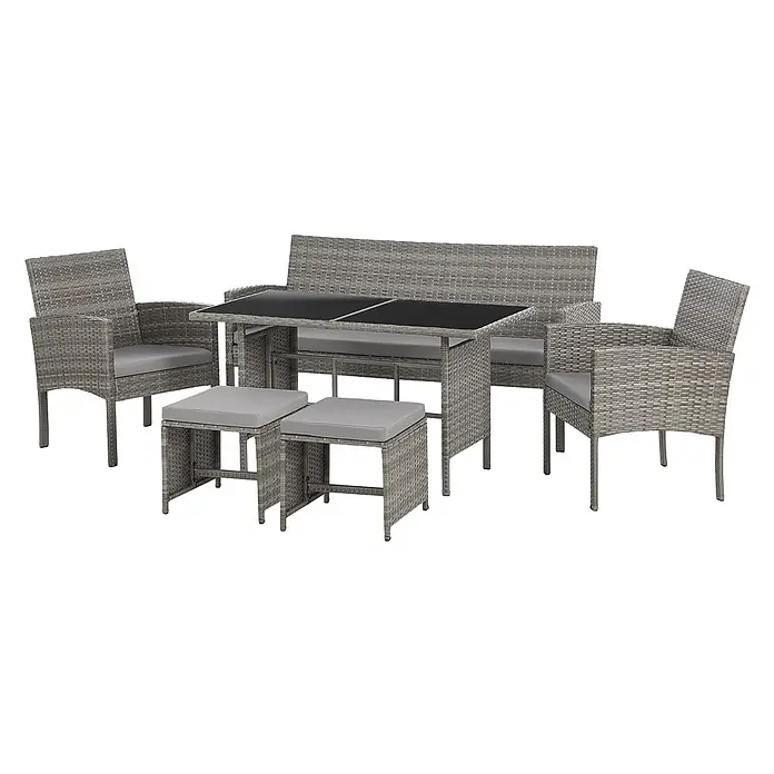 SVITA Loungemöbel-Set DENVER - Polyrattan, Grau - Graues Rattan-Gartenmöbelset mit Tisch, Bank, zwei Stühlen und zwei Hockern mit grauen Polstern und schwarzer Glasplatte.