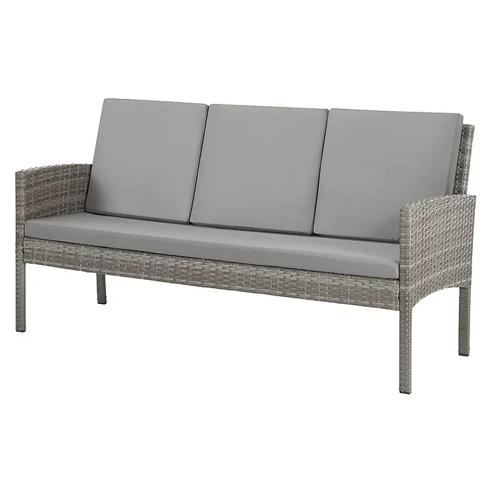 SVITA Loungemöbel-Set DENVER - Polyrattan, Grau - Graues Rattan-3-Sitzer-Gartensofa mit hellgrauen Kissen.