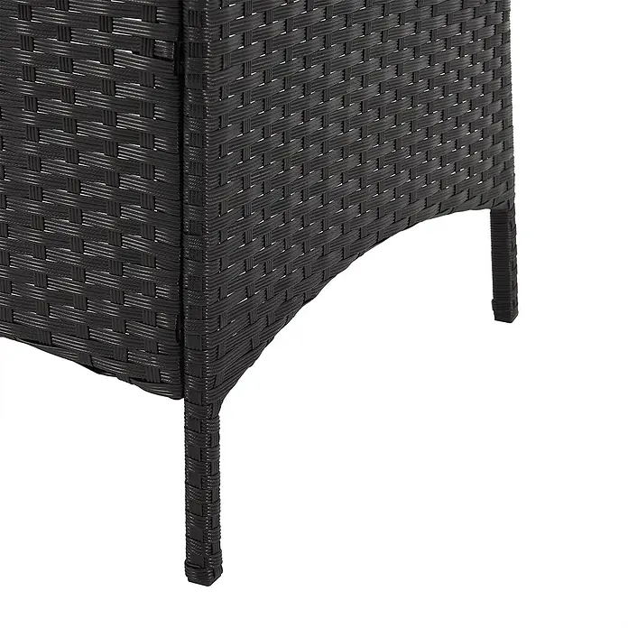 SVITA Loungemöbel-Set DALLAS - 4 -tlg., Polyrattan, Schwarz - Nahaufnahme eines dunkelgrauen, geflochtenen Rattanmöbelfußes und Seitenpaneels.