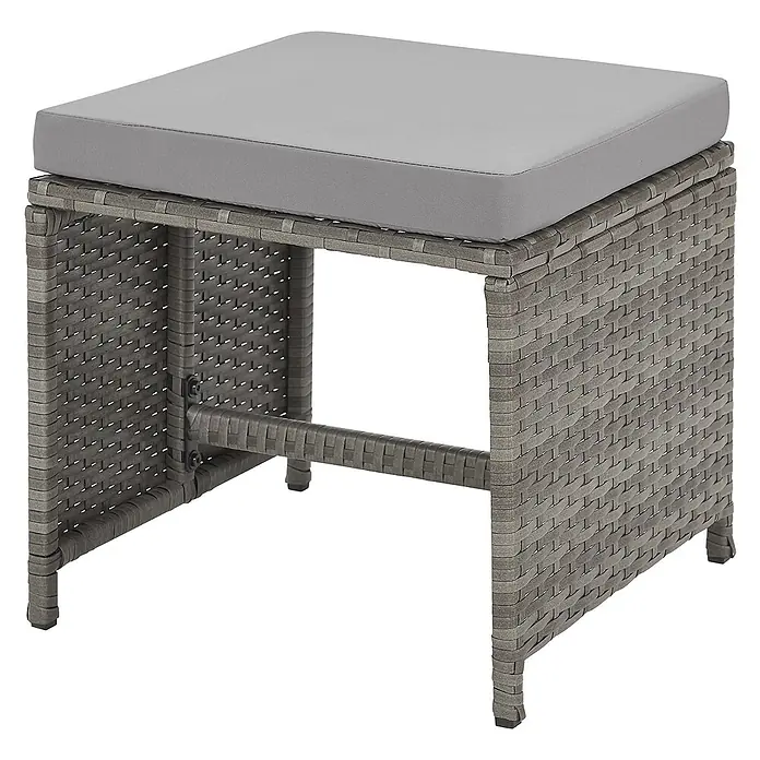 SVITA Loungemöbel-Set DENVER - Polyrattan, Grau - Grauer quadratischer Outdoor-Hocker in Rattan-Optik mit weichem grauen Kissen.
