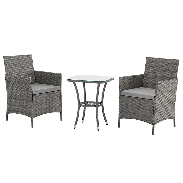 SVITA Loungemöbel-Set - 3 -tlg., Polyrattan, Grau - Grau meliertes Outdoor-Bistro-Set aus Rattan-Optik mit zwei Stühlen, grauen Kissen und Glastisch.