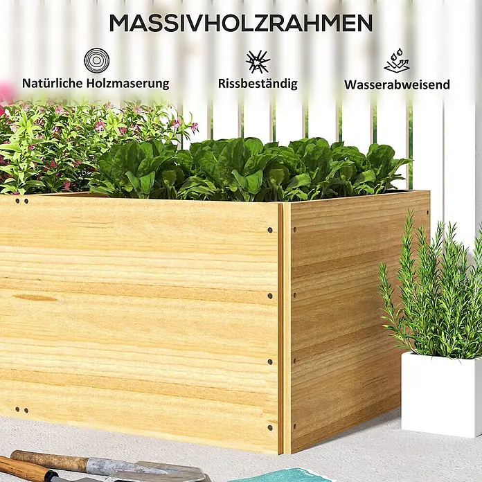 Outsunny Hochbeet - 140 x 60 x 40 cm, Holz, Naturholz - Hochbeet aus Massivholz mit natürlicher Maserung, gefüllt mit Grünpflanzen und Blumen, im Gartenbereich.