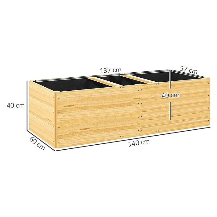 Outsunny Hochbeet - 140 x 60 x 40 cm, Holz, Naturholz - Hölzernes Hochbeet mit drei Fächern, 140 cm lang, 60 cm breit und 40 cm hoch.