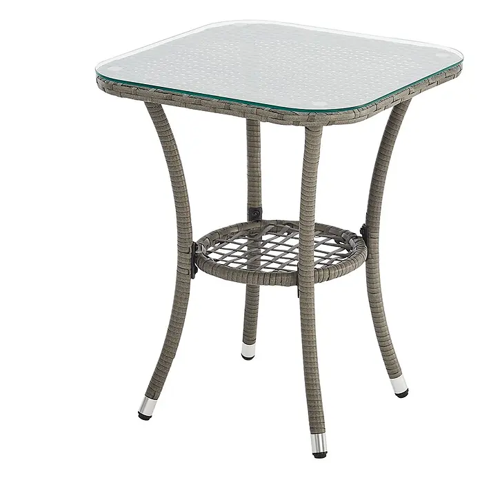 SVITA Loungemöbel-Set - 3 -tlg., Polyrattan, Grau - Kleiner graubrauner Bistrotisch im Rattan-Stil mit quadratischer Glasplatte und unterer Ablagefläche.